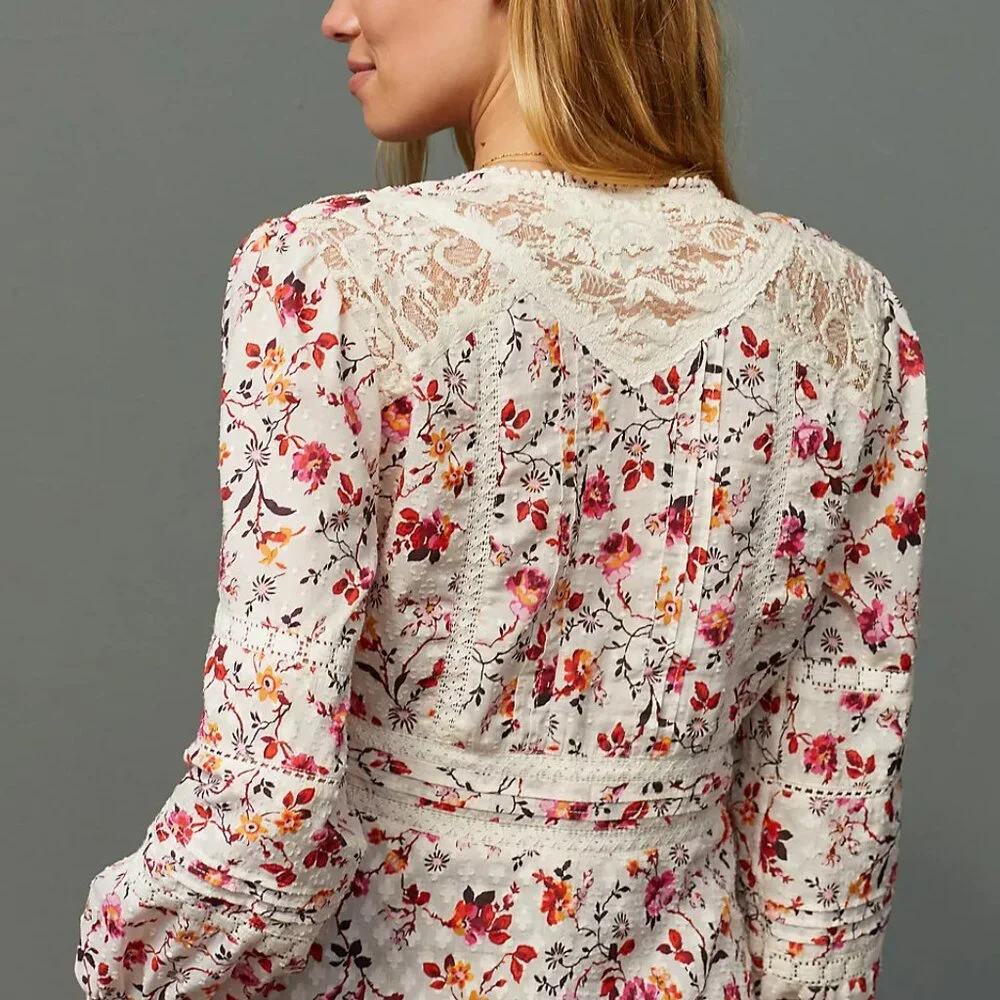 Anthropologie Puff-Sleeved Lace Buttondown